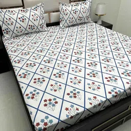 Pure Decor White & Blue Floral 330 TC Queen Bedsheet with 2 Pillow Covers-picture-31