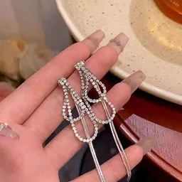 KRENOZ Silver-Plated Rhinestone Studded Teardrop Shaped Tasselled Drop Earrings-13