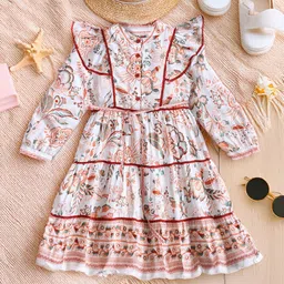 BAESD Girls Ethnic Motifs Printed Puff Sleeve Ruffled Tiered Cotton Fit & Flare Midi Dress-image-76