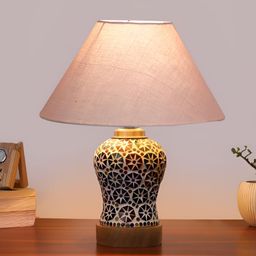Devansh Grey & White Textured Wooden Frustum Shaped Table Lamp With Mosaic Glass Base-38