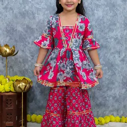 UNBIND Girls Floral Printed Regular Pure Cotton Kurta with Sharara-picture-29