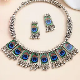Sangria Silver Plated Peacock Print Oxidized Jewellery Set-image-24