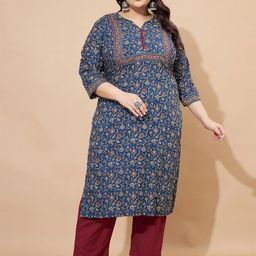 KALINI Plus Size Floral Printed Notch Neck Straight Pure Cotton Kurta-picture-40