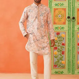 TheEthnic.Co Floral Printed Mandarin Collar Pure Cotton Straight Kurta With Trousers-image-46