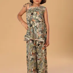 The Mini Trunk Girls Floral Printed Square Neck A-Line Kurti With Palazzos-image-57