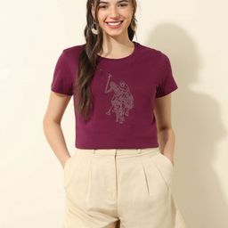 U.S. Polo Assn. Women Women Printed Pure Cotton Applique T-shirt-image-15