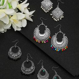 YouBella Set Of 4 Artificial Beaded Geometric Shaped Oxidised Drop Earrings-38