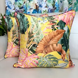 TARA- Sparkling Homes Yellow & Green Set of 2 Floral Velvet Square Cushion Covers-16