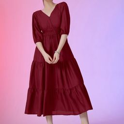 Raiyani Enterprise Women V-Neck Smocked Puff Sleeves Fit & Flare Tiered Maxi Dress-picture-39