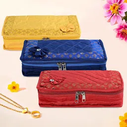 Kuber Industries Yellow & Blue 3 Pieces Floral Embroidered Jewellery Organisers-40
