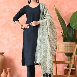 Sangria Printed Round Neck A-Line Kurta With Trousers & Dupatta-6