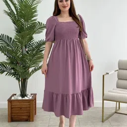 CROWN CREATION Puff Sleeve Ruffled Crepe Fit & Flare Maxi Dress-image-65