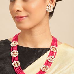 Anouk Pink Kundan Beaded Layered Necklace Set-image-16