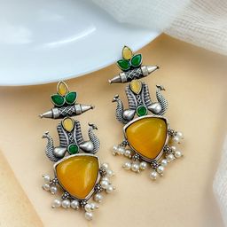 NAMAN ARTS Silver-Plated Artificial Stones Studded Contemporary Oxidised Drop Earrings-10