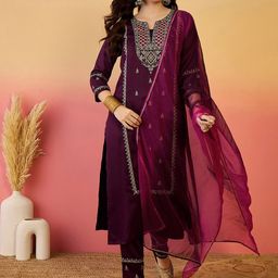 Sangria Floral Zari Embroidered Notch Neck Straight Kurta With Trousers & Dupatta-picture-41