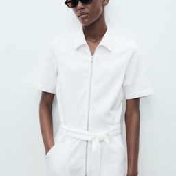 MANGO Shirt Collar Pure Cotton Denim Basic Jumpsuit with Belt-54