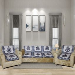 Aura Blue & White 6 Pieces Floral Printed 5 Seater Sofa Covers-image-88