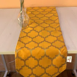 Pink Parrot Mustard-Yellow Printed Jacquard Silk Table Runner With Tassels-19