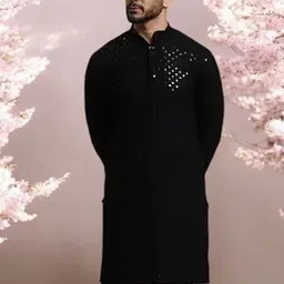 Atly Geometric Embroidered Mandarin Collar Sequnnied Silk Straight Kurta-55