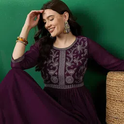 Sangria Burgundy Floral Embroidered Zari Pleated Anarkali Kurta With Palazzos-24