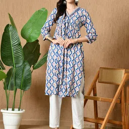 HERE&NOW Floral Printed V Neck A Line Pleated Kurta-image-80