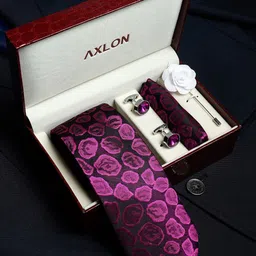 Axlon Men Geometric Tie, Cufflinks, Flower Pin & Pocket Square Accessory Gift Set-image-55