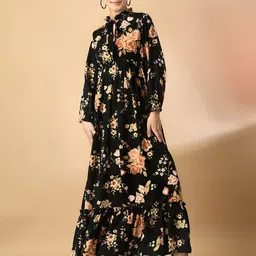ZWERLON Women Floral Printed Tie-Up Neck Maxi Dress-image-37