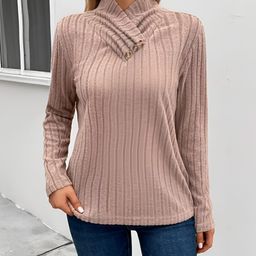 HERE&NOW Women Striped V-Neck Extended Sleeves Pockets T-shirt-image-12