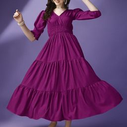 Raiyani Fashion Women V-Neck Puff Sleeves Tiered Fit And Flare Dress-picture-0