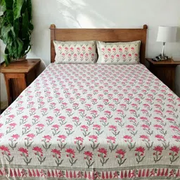 Feels Like Home 3Pcs Pink & White Floral Printed Pure Cotton & Jute Bed Covers-42