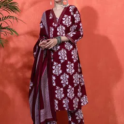 Sangria Floral Embroidered A-Line Pure Cotton Kurta With Trousers & Dupatta-image-85