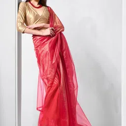 ODETTE Red Net Solid Saree With Unstitched Blouse For Women image 2