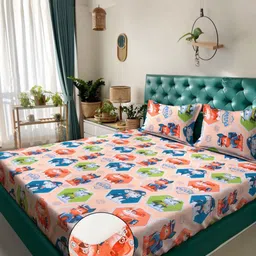 KLOTTHE Kids Pink Printed 400TC Pure Cotton Fitted King Bedsheet Set 2.5m x 2.25m-33
