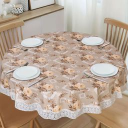 Dakshya Industries Brown Floral Waterproof Plastic Round 6-Seater Table Cover with Patchwork details-36
