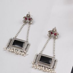 JEWILLEY Silver-Plated Artficial Beaded Square Shaped Oxidised Drop Earrings-29