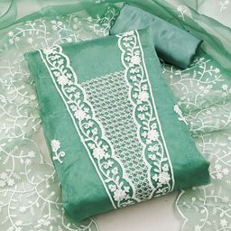HERE&NOW Floral Embroidered Thread Work Organza Unstitched Dress Material-picture-13
