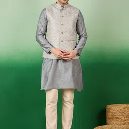 Sangria Geometric Woven Design Mandarin Collar Kurta & Pyjama With Nehru Jacket-12