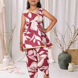Cutiekins Girls Floral Printed V-Neck Angrakha Gotta Patti Kurta With Dhoti Pants-picture-24