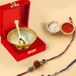 CraftVatika 5-Pcs Bowl Set With Greeting Card & Roli Chawal Rakhi Gift Set-38