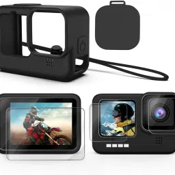 Hiffin HF Silicone Lanyard Sleeve Protective Cover + 3 PCS Tempered Glass Screen Guard with Silicone Lens Cover Compatible with Go Pro Hero 9 Black Action Camera Accessories (Black + Screen Guard)Camera Bag-image-18