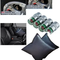 Car and Bike Air Alert Tire Valve Cap Set of 4Pcs, Black Car Cushion Pillow Combo-17
