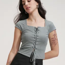 Casual Cap Sleeves Solid Women Grey Top-image-49