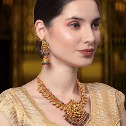 Yellow Chimes Gold-Plated Pink & Green Stone-Studded & Pearl Beaded Temple Jewellery Set-17