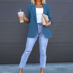 StyleCast Blue Notched Lapel Three-Quarter Open Front Blazer image 4