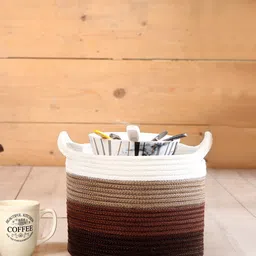 Pano Brown & White Striped Patterned Bamboo Round Storage Basket-27