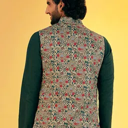 KISAH Printed Nehru Jacket With Pocket Square image 3