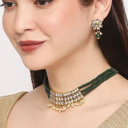 OOMPH Gold-Toned Green & White Kundan Studded and Beaded Jadau Jewellery Set-42