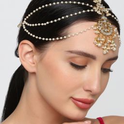 OOMPH Gold-Plated White Kundan-Studded Pearl Beaded Matha Patti-image-44