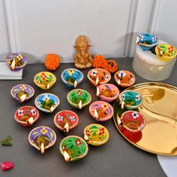 Multicolor Decorative Clay Diyas for Diwali Earthenware (Pack of 51) Table Diya Set-image-71