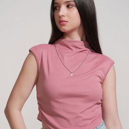 Tokyo Talkies Ribbed High Neck Ruched Slim Fit Crop T-shirt-image-30